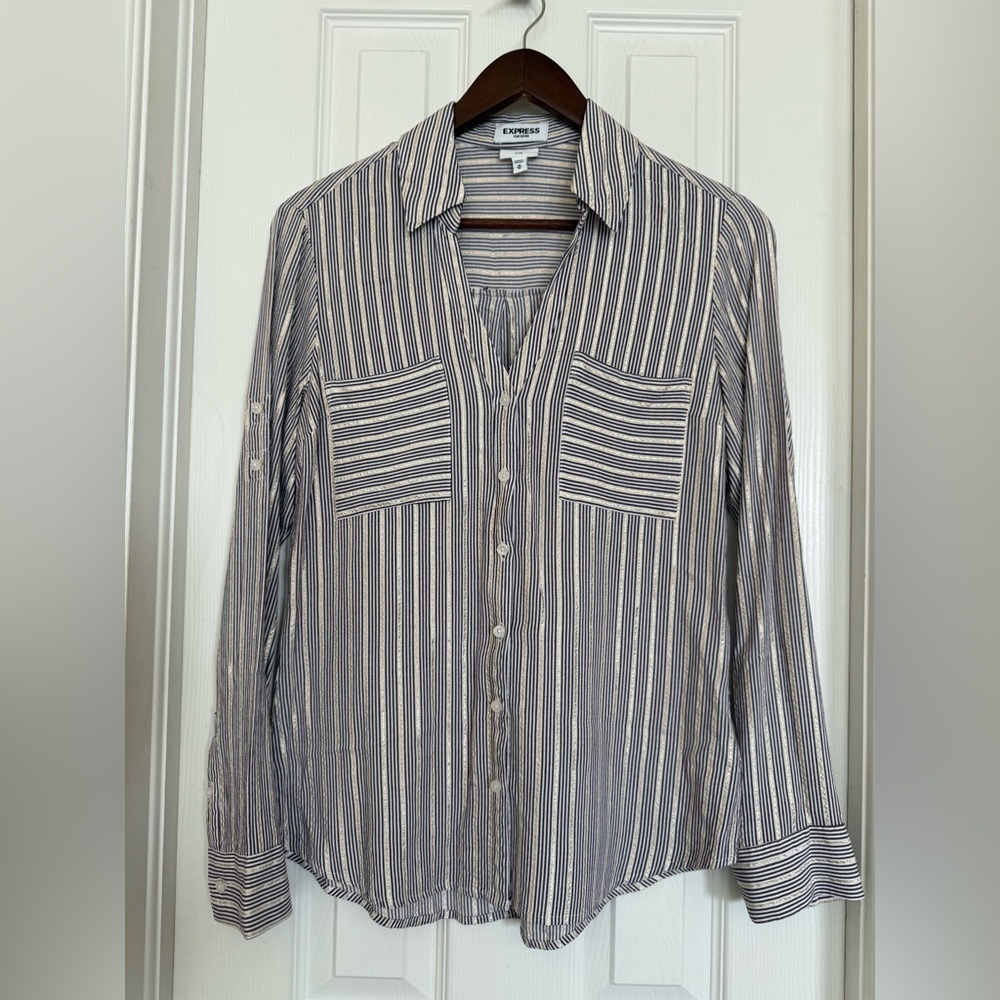 Express Navy and White Striped Button-Up Blouse